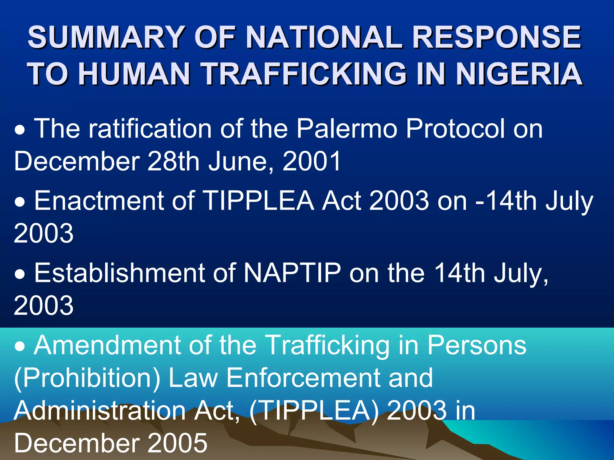 SUMMARY OF NATIONAL RESPONSESUMMARY OF NATIONAL RESPONSE
TO HUMAN TRAFFICKING IN NIGERIATO HUMAN TRAFFICKING IN NIGERIA
• The ratification of the Palermo Protocol on
December 28th June, 2001
• Enactment of TIPPLEA Act 2003 on -14th July
2003
• Establishment of NAPTIP on the 14th July,
2003
• Amendment of the Trafficking in Persons
(Prohibition) Law Enforcement and
Administration Act, (TIPPLEA) 2003 in
December 2005
 