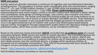 MMR and autism
Autistic spectrum disorder represents a continuum of cognitive and neurobehavioral disorders
including autism. The prevalence of autism varies considerably with case ascertainment, ranging
from 0.7 – 21.1 per 10 000 children (median 5.2 per 10 000) while the prevalence of autistic
spectrum disorder is estimated to be 1 - 6 per 1000. Eleven epidemiological studies
(representing the most recent studies, mostly in the last 4 years) were reviewed in detail, taking
into consideration study design (including ecologic, case control, case-crossover and cohort
studies) and limitations. The review concluded that existing studies do not show evidence of an
association between the risk of autism or autistic disorders and MMR vaccine. Three laboratory
studies were also reviewed. It was concluded that the alleged persistence of measles vaccine
virus in the gastrointestinal tract of children with autism and inflammatory bowel disease
requires further investigation through independent studies before the laboratory findings of the
published studies, which have serious limitations, can be considered confirmed.
Based on the extensive review presented, GACVS concluded that no evidence exists of a causal
association between MMR vaccine and autism or autistic disorders. The Committee believes the
matter is likely to be clarified by a better understanding of the causes of autism. GACVS also
concluded that there is no evidence to support the routine use of monovalent measles, mumps
and rubella vaccines over the combined vaccine, a strategy which would put children at
increased risk of incomplete immunization. Thus, GACVS recommends that there should be no
change in current vaccination practices with MMR.
Source : http://www.who.int/vaccine_safety/committee/topics/mmr
GACVS=Global Advisory Committee on Vaccine Safety
 