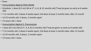 • Dose :
• Immunization Against Otitis Media
• Schedule: 1 dose (0.5 mL) IM at 2*, 4, 6, & 12 months old (*may be given as early as 6 weeks
old)
• 7-11 months old: 2 doses 4 weeks apart; 3rd dose at least 2 months later, after 12 month
• 12-23 months old: 2 doses, 2 months apart
• 2-9 years old: 1 dose
• Immunization Against S. Pneumoniae
• 1 dose (0.5 mL) IM at 2*, 4, 6, & 12 months old (*may be given as early as 6 weeks old)
• 7-12 months old: 2 doses 4 weeks apart; 3rd dose at least 2 months later, after 12 month
• 12-24 months old: 2 doses, 2 months apart
• 2-9 years old: 1 dose
 