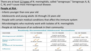 There are at least 12 types of N. meningitidis, called “serogroups.” Serogroups A, B,
C, W, and Y cause most meningococcal disease.
People at Risk :
- Infants younger than one year old
- Adolescents and young adults 16 through 23 years old
- People with certain medical conditions that affect the immune system
- Microbiologists who routinely work with isolates of N. meningitidis
- People at risk because of an outbreak in their community
 
