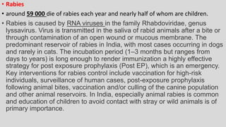 • Rabies
• around 59 000 die of rabies each year and nearly half of whom are children.
• Rabies is caused by RNA viruses in the family Rhabdoviridae, genus
lyssavirus. Virus is transmitted in the saliva of rabid animals after a bite or
through contamination of an open wound or mucous membrane. The
predominant reservoir of rabies in India, with most cases occurring in dogs
and rarely in cats. The incubation period (1–3 months but ranges from
days to years) is long enough to render immunization a highly effective
strategy for post exposure prophylaxis (Post EP), which is an emergency.
Key interventions for rabies control include vaccination for high-risk
individuals, surveillance of human cases, post-exposure prophylaxis
following animal bites, vaccination and/or culling of the canine population
and other animal reservoirs. In India, especially animal rabies is common
and education of children to avoid contact with stray or wild animals is of
primary importance.
 