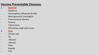 Vaccine Preventable Diseases :
1- Bacterial
- Diptheria
- Haemophilus influenzae B (Hib)
- Meningococcal (meningitis)
- Pneumococcal disease
- Tetanus
- Tuberculosis
- Whooping cough (pertussis)
2- Viral
- Chicken pox
- Flu
- Measles
- Mumps
- Polio
- Rubella
- HPV
 