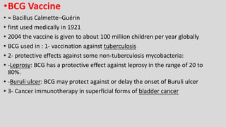 •BCG Vaccine
• = Bacillus Calmette–Guérin
• first used medically in 1921
• 2004 the vaccine is given to about 100 million children per year globally
• BCG used in : 1- vaccination against tuberculosis
• 2- protective effects against some non-tuberculosis mycobacteria:
• -Leprosy: BCG has a protective effect against leprosy in the range of 20 to
80%.
• -Buruli ulcer: BCG may protect against or delay the onset of Buruli ulcer
• 3- Cancer immunotherapy in superficial forms of bladder cancer
 