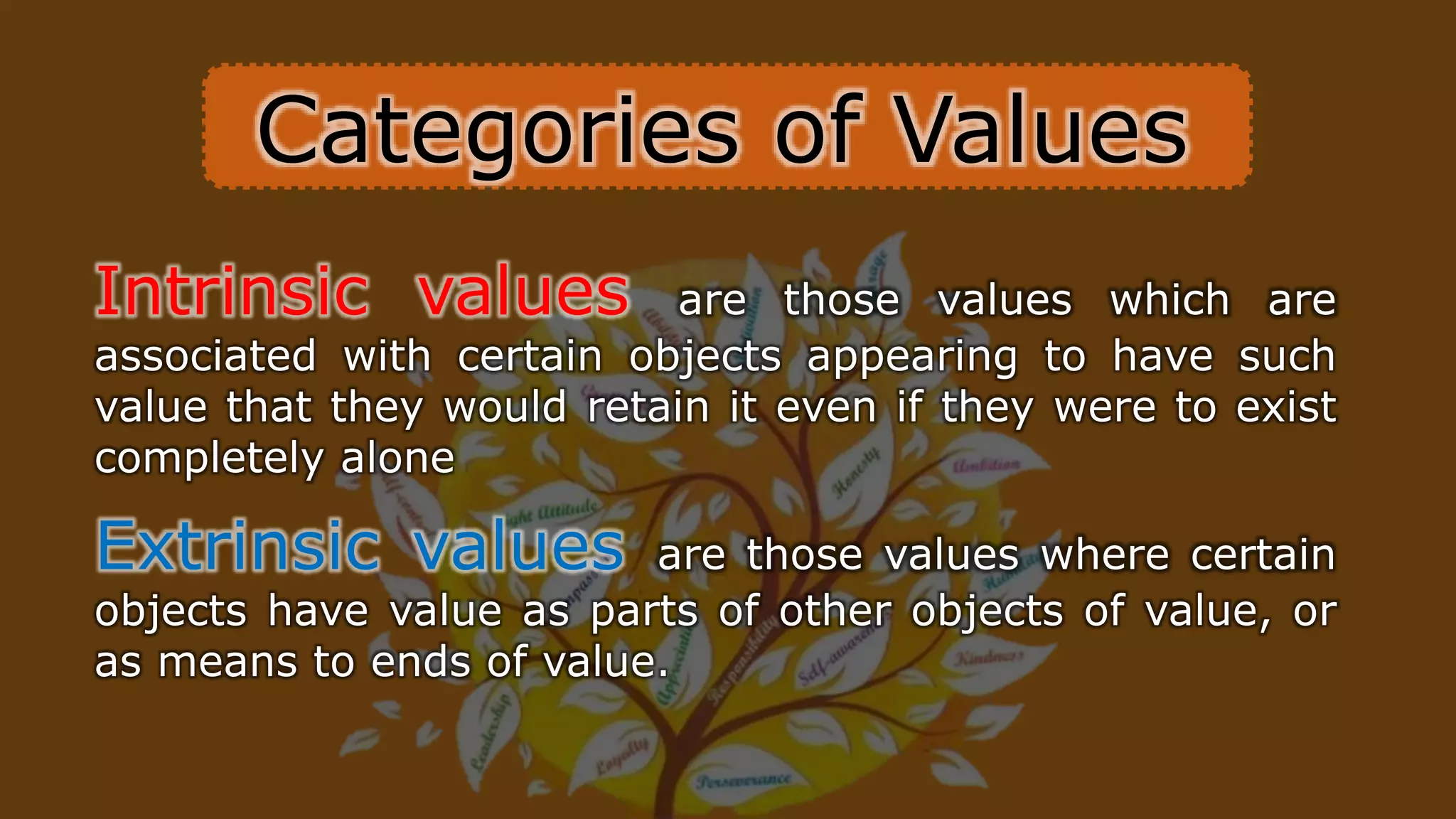 Categories of Values
Intrinsic values are those values which are
associated with certain objects appearing to have such
value that they would retain it even if they were to exist
completely alone
Extrinsic values are those values where certain
objects have value as parts of other objects of value, or
as means to ends of value.
 