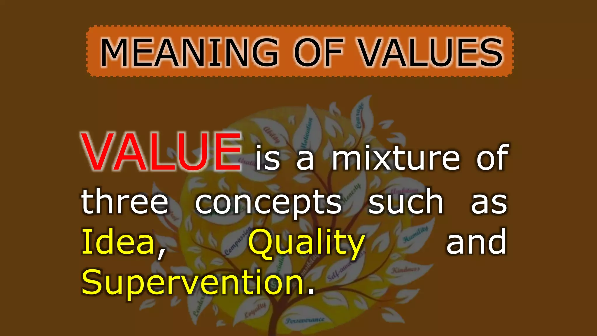 MEANING OF VALUES
VALUE is a mixture of
three concepts such as
Idea, Quality and
Supervention.
 
