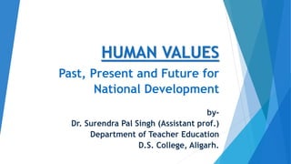 HUMAN VALUES
Past, Present and Future for
National Development
by-
Dr. Surendra Pal Singh (Assistant prof.)
Department of Teacher Education
D.S. College, Aligarh.
 