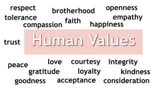 faith
love integrity
loyalty
brotherhood
tolerance empathy
goodness
courtesy
respect openness
happiness
gratitude
acceptance consideration
trust
kindness
peace
compassion
 