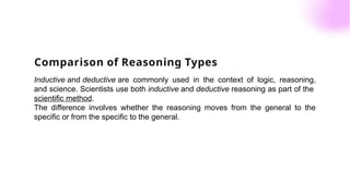 Inductive and deductive are commonly used in the context of logic, reasoning,
and science. Scientists use both inductive and deductive reasoning as part of the
scientific method.
The difference involves whether the reasoning moves from the general to the
specific or from the specific to the general.
Comparison of Reasoning Types
 