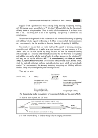 Understanding the Human Being as Co-existence of Self (‘I’) and Body 77
Suppose we ask a question now: ‘Who is talking, seeing, thinking, recognizing, assuming,
etc?’ The natural answer you will give is ‘I’. It is this ‘I’ (Jïvana) which has the characteristic
of being aware or being conscious. Thus, it is also called consciousness. It is always aware
that ‘I am’. This feeling that ‘I am’ is the beginning - our gateway to understand this
consciousness.
We also saw in the previous section that there are the activities of assuming, recognizing
and fulfilling, with the capacity for knowing in ‘I’. Thus, we can conclude that consciousness
or a conscious entity has the activities of Knowing, Assuming, Recognizing & Fulfilling.
Conversely, we can say that any entity that has the capacity of knowing, assuming,
recognizing and fulfilling can be called as a conscious entity, or consciousness, or ‘I’ or
Jeevan. Hence, we can now say that any entity that does not have the activity of knowing
and assuming is not a ‘conscious entity’. Similarly, any entity that has the activity of recognizing
and fulfilling only can be called a ‘material entity’. As we have already seen the activities of ‘I’
and body, we can say that while the Self (‘I’) is a conscious entity, the Body is a material
entity, or physico-chemical in nature. The conscious entity (Jïvana) desires, thinks, selects,
while the material entity just performs material activities, about which we have already
studied. The conscious entity has knowing, assuming, recognizing and fulfilling, while the
material entity only has recognizing and fulfilling activities.
Thus, we can write:
co-existence
Human Being = Self (‘I’) Body
information
The entity
that desires, thinks,
imagines
conscious
knowing, assuming,
recognizing & fulfilling
The
that has
activities like digesting,
heart-beats etc.
material entity
physico-chemical
recognizing & fulfilling
The human being is thus a co-existence of a conscious Self ('I') and the material body.
To make it more explicit, we can write:
'I' has acceptance of co-existence with the Body
'I' directs to make available physico-chemical conditions
for the body
Self ( I )
' '
(Conscious entity)
Body
(physical
chemical entity)
'I' takes decisions and instructs the Body
information
I co-exist with the Body. ‘I’ and my Body keep exchanging information.
 