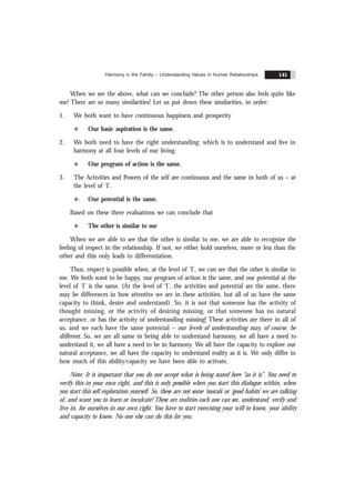 Harmony in the Family – Understanding Values in Human Relationships 145
When we see the above, what can we conclude? The other person also feels quite like
me! There are so many similarities! Let us put down these similarities, in order:
1. We both want to have continuous happiness and prosperity
v Our basic aspiration is the same.
2. We both need to have the right understanding: which is to understand and live in
harmony at all four levels of our living.
v Our program of action is the same.
3. The Activities and Powers of the self are continuous and the same in both of us – at
the level of ‘I’.
v Our potential is the same.
Based on these three evaluations we can conclude that
v The other is similar to me
When we are able to see that the other is similar to me, we are able to recognize the
feeling of respect in the relationship. If not, we either hold ourselves, more or less than the
other and this only leads to differentiation.
Thus, respect is possible when, at the level of ‘I’, we can see that the other is similar to
me. We both want to be happy, our program of action is the same, and our potential at the
level of ‘I’ is the same. (At the level of ‘I’, the activities and potential are the same, there
may be differences in how attentive we are in these activities, but all of us have the same
capacity to think, desire and understand). So, it is not that someone has the activity of
thought missing, or the activity of desiring missing, or that someone has no natural
acceptance, or has the activity of understanding missing! These activities are there in all of
us, and we each have the same potential – our levels of understanding may, of course, be
different. So, we are all same in being able to understand harmony, we all have a need to
understand it, we all have a need to be in harmony. We all have the capacity to explore our
natural acceptance, we all have the capacity to understand reality as it is. We only differ in
how much of this ability/capacity we have been able to activate.
Note: It is important that you do not accept what is being stated here “as it is”. You need to
verify this in your own right, and this is only possible when you start this dialogue within, when
you start this self exploration yourself. So, these are not some ‘morals’ or ‘good habits’ we are talking
of, and want you to learn or inculcate! These are realities each one can see, understand, verify and
live in, for ourselves in our own right. You have to start exercising your will to know, your ability
and capacity to know. No one else can do this for you.
 
