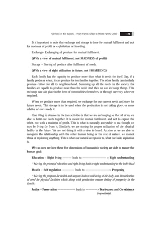 Harmony in the Society – From Family Order to World Family Order 171
It is important to note that exchange and storage is done for mutual fulfilment and not
for madness of profit or exploitation or hoarding.
Exchange- Exchanging of produce for mutual fulfilment.
(With a view of mutual fulfilment, not MADNESS of profit)
Storage – Storing of produce after fulfilment of needs.
(With a view of right utilization in future, not HOARDING)
Each family has the capacity to produce more than what it needs for itself. Say, if a
family produces wheat, it can produce for ten families together. The other family can similarly
produce cotton for all its neighbourhood. Summing up all the needs in the society, the
families are capable to produce more than the need. And then we can exchange things. This
exchange can take place in the form of commodities themselves, or through currency, wherever
required.
When we produce more than required, we exchange for our current needs and store for
future needs. This storage is to be used when the production is not taking place, or some
relative of ours needs it.
One thing to observe in the two activities is that we are exchanging so that all of us are
able to fulfil our needs together. It is meant for mutual fulfilment, and not to exploit the
other, not with a madness of profit. This is what is naturally acceptable to us, though we
may be living far from it. Similarly, we are storing for proper utilization of the physical
facility in the future. We are not doing it with a view to hoard. As soon as we are able to
recognize the relationship with the other human being or the rest of nature, we cannot
think of exploiting anything. This is what our natural acceptance is, what our basic aspiration
is.
We can now see how these five dimensions of humanistic society are able to ensure the
human goal:
Education – Right living ——— leads to ———————— > Right understanding
* Having the process of education and right living leads to right understanding in the individual
Health – Self-regulation ———— leads to ————————> Prosperity
* Having the program for health and sanyam leads to well being of the body, and identification
of need for physical facilities which along with production ensures feeling of prosperity in the
family.
Justice – Preservation —————— leads to ————> Fearlessness and Co-existence
(respectively)
 