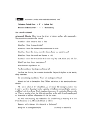 A Foundation Course in Human Values and Professional Ethics
208
Animals or Animal Order = ‘I’ + Animal Body
Humans or Human Order = ‘I’ + Human Body
What is my role in existence?
Let us do the following: Take a look at the picture of existence we have a few pages earlier.
Now answer these questions for yourself:
What have I done for any of these to exist?
What have I done for space to exist?
What have I done for material and conscious units to exist?
What have I done for atoms, molecules, lumps, fluids, and plants to exist?
What have I done for animals and humans to exist?
What have I done for the existence of my own body? My teeth, hands, eyes, feet, etc?
What I have done for my own existence?
Have I created any of this at all?
Am I controlling or directing any of this at all?
Am I the one directing the formation of molecules, the growth of plants, or the beating
of my own heart?
We are not doing any of these. We are not creating any of these!
What is my role in this existence then, if I have not created, or am not controlling any
of these?
All I can do is learn to live with all this! And how would this learning be possible? This
is what we have been discussing from the beginning of this book: understanding the harmony
at all four levels of our living. This is happiness; this ensures the continuity of happiness in
us. When we are able to have the right understanding, we live with the understanding and
are hence able to fulfil our relationship with the four orders.
We have been discussing the need to have the understanding of harmony at all four
levels of existence so far. The detail of this is as follows:
Existence is Co-existence. Co-existence is in the form of:
Every unit is submerged in space (Harmony in Existence)
 