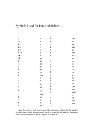 Symbols Used for Hindi Alphabets
v a
vk ã
b] f i
bZ] h ï
m] q u
Å] w ü
vks o
vkS au
d ka
[k kha
x ga
?k gha
p cha
N chha
t ja
> jha
V ta
ˆ
B tha
ˆ
M da
ˆ
< dha
ˆ
.k
&
na
r ta
Fk tha
n da
/k dha
u na
i pa
Q pha
c ba
Hk bha
e ma
; ya
j ra
y la
o va
'k sa
"k
&
sa
l sa
g ha
{k ksha
=k tra
K gya
J shra
) ddha
ri
ä kta
| dya
} dva
Note: The words in hindi have been provided using above symbols. But for simplicity
of reading for the reader, alternative words have been provided in the book too. For example,
Jïvana has also been spelt as Jeevan, Sanyama as Sanyam, etc.
 