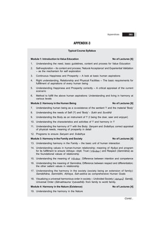 Appendices 265
APPENDIX-3
Typical Course Syllabus
Module 1: Introduction to Value Education No of Lectures [6]
1. Understanding the need, basic guidelines, content and process for Value Education
2. Self-exploration – its content and process; 'Natural Acceptance' and Experiential Validation
– as the mechanism for self exploration
3. Continuous Happiness and Prosperity – A look at basic human aspirations
4. Right understanding, Relationship and Physical Facilities – The basic requirements for
fulfillment of aspirations of every human being
5. Understanding Happiness and Prosperity correctly – A critical appraisal of the current
scenario
6. Method to fulfill the above human aspirations: Understanding and living in harmony at
various levels
Module 2: Harmony in the Human Being No of Lectures [6]
7. Understanding human being as a co-existence of the sentient 'I' and the material 'Body'
8. Understanding the needs of Self ('I') and 'Body' - Sukh and Suvidhã
9. Understanding the Body as an instrument of 'I' (I being the doer, seer and enjoyer)
10. Understanding the characteristics and activities of 'I' and harmony in 'I'
11. Understanding the harmony of 'I' with the Body: Sanyam and Svãsthya; correct appraisal
of physical needs, meaning of prosperity in detail
12. Programs to ensure Sanyam and Svãsthya
Module 3: Harmony in the Family and Society No of Lectures [6]
13. Understanding harmony in the Family – the basic unit of human interaction
14. Understanding values in human-human relationship; meaning of Nyãya and program
for its fulfillment to ensure Ubhaya –tripti; Trust (Visvãsa ) and Respect (Sammãna) as
the foundational values of relationship
15. Understanding the meaning of Visvãsa ; Difference between intention and competence
16. Understanding the meaning of Sammãna, Difference between respect and differentiation;
the other salient values in relationship
17. Understanding the harmony in the society (society being an extension of family):
Samãdhãna, Samriddhi, Abhaya, Sah-astitva as comprehensive Human Goals
18. Visualizing a universal harmonious order in society – Undivided Society ( Akhand Samãj),
Universal Order (Sãrvabhauma Vyavasthã)- from family to world family.
Module 4: Harmony in the Nature (Existence) No of Lectures [4]
19. Understanding the harmony in the Nature
Contd...
 