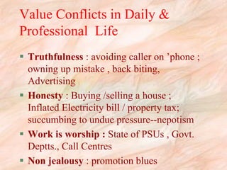Value Conflicts in Daily &
Professional Life
Truthfulness : avoiding caller on ’phone ;
owning up mistake , back biting,
Advertising
Honesty : Buying /selling a house ;
Inflated Electricity bill / property tax;
succumbing to undue pressure--nepotism
Work is worship : State of PSUs , Govt.
Deptts., Call Centres
Non jealousy : promotion blues

 
