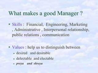 What makes a good Manager ?
Skills : Financial, Engineering, Marketing
, Administrative , Interpersonal relationship,
public relations , communication
Values : help us to distinguish between
desired and desirable
delectable and electable
preya and shreya

 