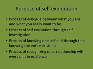 Purpose of self exploration
• Process of dialogue between what you are
and what you really want to be.
• Process of self evaluation through self
investigation
• Process of knowing one self and through that
knowing the entire existence
• Process of recognizing ones relationship with
every unit in existence
 