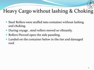  Steel Rollers were stuffed into container without lashing
and choking.
 During voyage , steel rollers moved so vibrantly.
 Rollers Pierced open the side paneling.
 Landed on the container below in the tier and damaged
roof.
Heavy Cargo without lashing & Choking
19
 