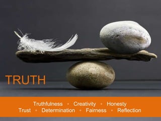 TRUTH Truthfulness  ◦  Creativity  ◦  Honesty Trust  ◦  Determination  ◦  Fairness  ◦  Reflection 