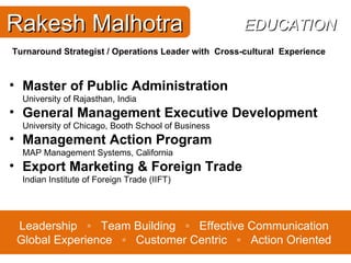 Rakesh Malhotra Turnaround Strategist /  Operations Leader with  Cross-cultural  Experience Leadership  ◦  Team Building  ◦  Effective Communication Global Experience  ◦  Customer Centric  ◦  Action Oriented Master of Public Administration University of Rajasthan, India General Management Executive Development University of Chicago, Booth School of Business Management Action Program MAP Management Systems, California Export Marketing & Foreign Trade Indian Institute of Foreign Trade (IIFT) EDUCATION 