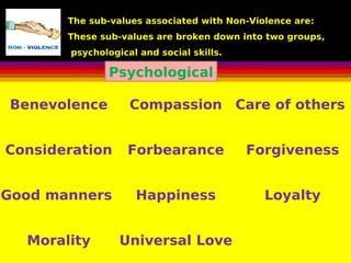 The sub-values associated with Non-Violence are:
These sub-values are broken down into two groups,
psychological and social skills.
Psychological
Benevolence Compassion Care of others
Consideration Forbearance Forgiveness
Good manners Happiness Loyalty
Morality Universal Love
 