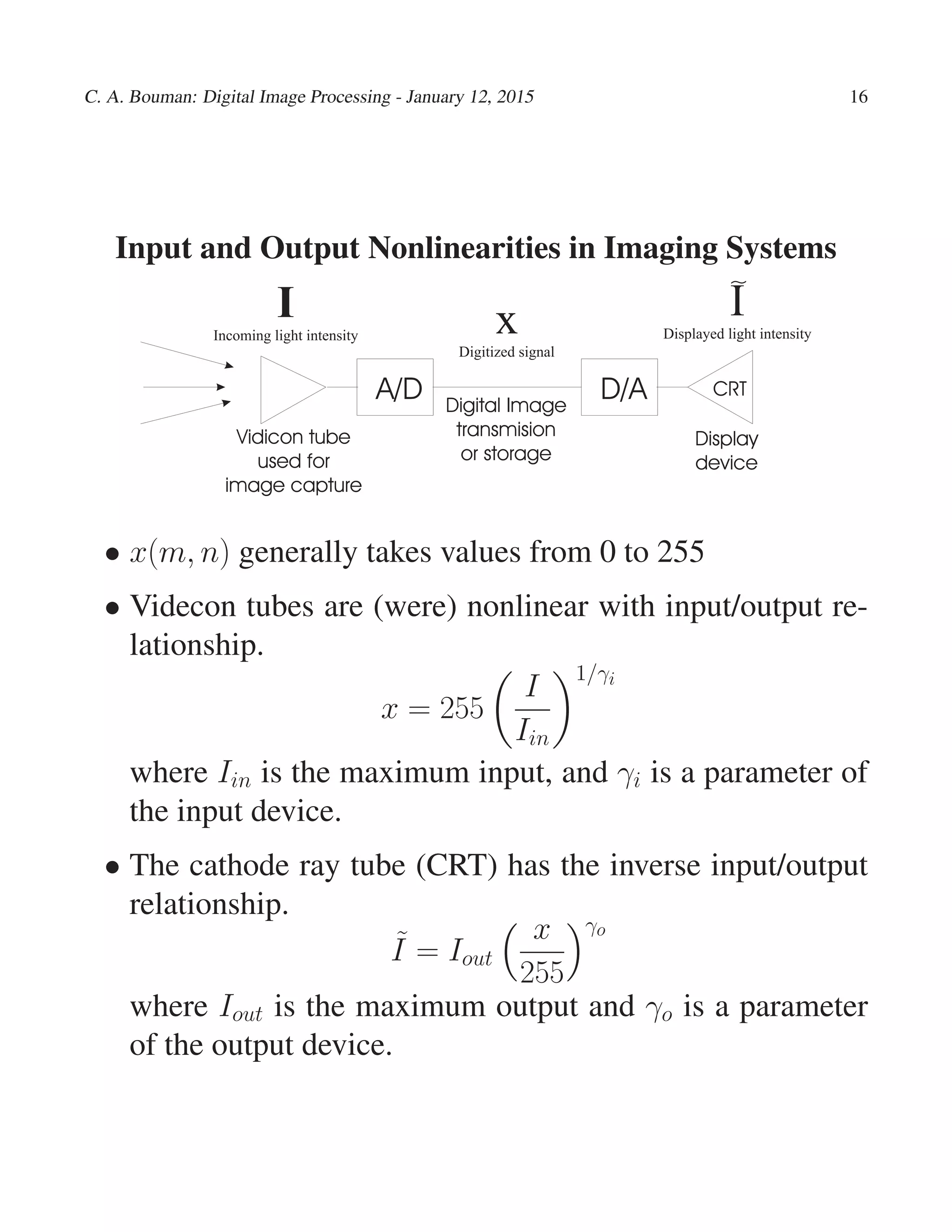 C. A. Bouman: Digital Image Processing - January 12, 2015 16
Input and Output Nonlinearities in Imaging Systems
I
Incoming light intensity x
Digitized signal
I
Displayed light intensity
A/D CRT
Display
device
Vidicon tube
used for
image capture
Digital Image
transmision
or storage
D/A
~
• x(m, n) generally takes values from 0 to 255
• Videcon tubes are (were) nonlinear with input/output re-
lationship.
x = 255
I
Iin
1/γi
where Iin is the maximum input, and γi is a parameter of
the input device.
• The cathode ray tube (CRT) has the inverse input/output
relationship.
˜I = Iout
x
255
γo
where Iout is the maximum output and γo is a parameter
of the output device.
 