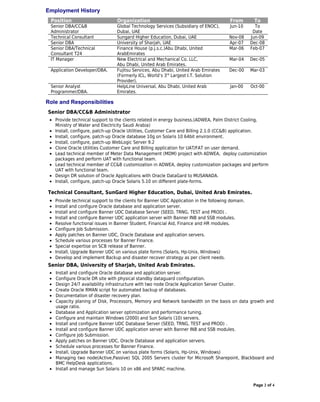 Employment History
 Position                        Organization                                          From        To
 Senior DBA/CC&B                 Global Technology Services (Subsidiary of ENOC),       Jun-10      To
 Administrator                   Dubai, UAE                                                        Date
 Technical Consultant            Sungard Higher Education, Dubai, UAE                  Nov-08     Jun-09
 Senior DBA                      University of Sharjah, UAE                            Apr-07     Dec-08
 Senior DBA/Technical            Finance House (p.j.s.c.)Abu Dhabi, United             Mar-06     Feb-07
 Consultant T24                  ArabEmirates
 IT Manager                      New Electrical and Mechanical Co. LLC,                Mar-04     Dec-05
                                 Abu Dhabi, United Arab Emirates.
 Application Developer/DBA.      Fujitsu Services, Abu Dhabi, United Arab Emirates     Dec-00     Mar-03
                                 (Formerly ICL, World’s 3rd Largest I.T. Solution
                                 Provider).
 Senior Analyst                  HelpLine Universal, Abu Dhabi, United Arab             Jan-00    Oct-00
 Programmer/DBA.                 Emirates.

Role and Responsibilities
Senior DBA/CC&B Administrator
 • Provide technical support to the clients related in energy business.(ADWEA, Palm District Cooling,
   Ministry of Water and Electricity Saudi Arabia)
 • Install, configure, patch-up Oracle Utilities, Customer Care and Billing 2.1.0 (CC&B) application.
 • Install, configure, patch-up Oracle database 10g on Solaris 10 64bit environment.
 • Install, configure, patch-up WebLogic Server 9.2
 • Clone Oracle Utilities Customer Care and Billing application for UAT/FAT on user demand.
 • Lead technical member of Meter Data Management (MDM) project with ADWEA, deploy customization
   packages and perform UAT with functional team.
 • Lead technical member of CC&B customization in ADWEA, deploy customization packages and perform
   UAT with functional team.
 • Design DR solution of Oracle Applications with Oracle DataGard to MUSANADA.
 • Install, configure, patch-up Oracle Solaris 5.10 on different plate-forms.

Technical Consultant, SunGard Higher Education, Dubai, United Arab Emirates.
 • Provide technical support to the clients for Banner UDC Application in the following domain.
 •   Install and configure Oracle database and application server.
 •   Install and configure Banner UDC Database Server (SEED, TRNG, TEST and PROD) .
 •   Install and configure Banner UDC application server with Banner INB and SSB modules.
 •   Resolve functional issues in Banner Student, Financial Aid, Finance and HR modules.
 •   Configure Job Submission.
 •   Apply patches on Banner UDC, Oracle Database and application servers.
 •   Schedule various processes for Banner Finance.
 •   Special expertise on SCB release of Banner.
 •   Install, Upgrade Banner UDC on various plate forms (Solaris, Hp-Unix, Windows)
 •   Develop and implement Backup and disaster recover strategy as per client needs.
Senior DBA, University of Sharjah, United Arab Emirates.
 •   Install and configure Oracle database and application server.
 •   Configure Oracle DR site with physical standby dataguard configuration.
 •   Design 24/7 availability infrastructure with two node Oracle Application Server Cluster.
 •   Create Oracle RMAN script for automated backup of databases.
 •   Documentation of disaster recovery plan.
 •   Capacity planing of Disk, Processors, Memory and Network bandwidth on the basis on data growth and
     usage ratio.
 •   Database and Application server optimization and performance tuning.
 •   Configure and maintain Windows (2000) and Sun Solaris (10) servers.
 •   Install and configure Banner UDC Database Server (SEED, TRNG, TEST and PROD) .
 •   Install and configure Banner UDC application server with Banner INB and SSB modules.
 •   Configure Job Submission.
 •   Apply patches on Banner UDC, Oracle Database and application servers.
 •   Schedule various processes for Banner Finance.
 •   Install, Upgrade Banner UDC on various plate forms (Solaris, Hp-Unix, Windows)
 •   Managing two node(Active,Passive) SQL 2005 Servers cluster for Microsoft Sharepoint, Blackboard and
     BMC HelpDesk applications.
 •   Install and manage Sun Solaris 10 on x86 and SPARC machine.


                                                                                                   Page 2 of 4
 