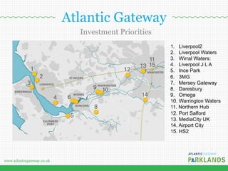 www.atlanticgateway.co.uk
Atlantic Gateway
Investment Priorities
1. Liverpool2
2. Liverpool Waters
3. Wirral Waters:
4. Liverpool J L A
5. Ince Park
6. 3MG
7. Mersey Gateway
8. Daresbury
9. Omega
10. Warrington Waters
11. Northern Hub
12. Port Salford
13. MediaCity UK
14. Airport City
15. HS2
 