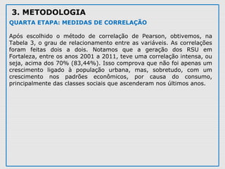 3. METODOLOGIA
QUARTA ETAPA: MEDIDAS DE CORRELAÇÃO
Após escolhido o método de correlação de Pearson, obtivemos, na
Tabela 3, o grau de relacionamento entre as variáveis. As correlações
foram feitas dois a dois. Notamos que a geração dos RSU em
Fortaleza, entre os anos 2001 a 2011, teve uma correlação intensa, ou
seja, acima dos 70% (83,44%). Isso comprova que não foi apenas um
crescimento ligado à população urbana, mas, sobretudo, com um
crescimento nos padrões econômicos, por causa do consumo,
principalmente das classes sociais que ascenderam nos últimos anos.
 