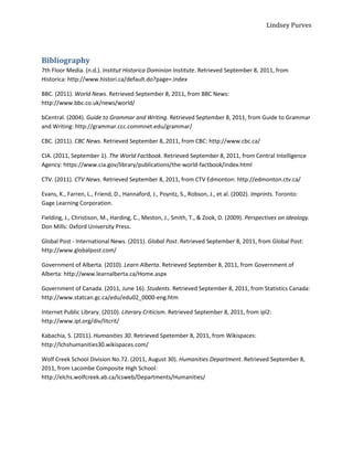 Lindsey Purves




Bibliography
7th Floor Media. (n.d.). Institut Historica Dominion Institute. Retrieved September 8, 2011, from
Historica: http://www.histori.ca/default.do?page=.index

BBC. (2011). World News. Retrieved September 8, 2011, from BBC News:
http://www.bbc.co.uk/news/world/

bCentral. (2004). Guide to Grammar and Writing. Retrieved September 8, 2011, from Guide to Grammar
and Writing: http://grammar.ccc.commnet.edu/grammar/

CBC. (2011). CBC News. Retrieved September 8, 2011, from CBC: http://www.cbc.ca/

CIA. (2011, September 1). The World Factbook. Retrieved September 8, 2011, from Central Intelligence
Agency: https://www.cia.gov/library/publications/the-world-factbook/index.html

CTV. (2011). CTV News. Retrieved September 8, 2011, from CTV Edmonton: http://edmonton.ctv.ca/

Evans, K., Farren, L., Friend, D., Hannaford, J., Poyntz, S., Robson, J., et al. (2002). Imprints. Toronto:
Gage Learning Corporation.

Fielding, J., Christison, M., Harding, C., Meston, J., Smith, T., & Zook, D. (2009). Perspectives on Ideology.
Don Mills: Oxford University Press.

Global Post - International News. (2011). Global Post. Retrieved September 8, 2011, from Global Post:
http://www.globalpost.com/

Government of Alberta. (2010). Learn Alberta. Retrieved September 8, 2011, from Government of
Alberta: http://www.learnalberta.ca/Home.aspx

Government of Canada. (2011, June 16). Students. Retrieved September 8, 2011, from Statistics Canada:
http://www.statcan.gc.ca/edu/edu02_0000-eng.htm

Internet Public Library. (2010). Literary Criticism. Retrieved September 8, 2011, from ipl2:
http://www.ipl.org/div/litcrit/

Kabachia, S. (2011). Humanities 30. Retrieved Spetember 8, 2011, from Wikispaces:
http://lchshumanities30.wikispaces.com/

Wolf Creek School Division No.72. (2011, August 30). Humanities Department. Retrieved September 8,
2011, from Lacombe Composite High School:
http://elchs.wolfcreek.ab.ca/lcsweb/Departments/Humanities/
 