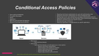 Conditional Access Policies
https://docs.microsoft.com/en-us/azure/active-directory/conditional-access/overview
• User or group membership
• IP Location information
• Device
• Application
• Real-time and calculated risk detection
• Microsoft Cloud App Security (MCAS)
• Block access
• Most restrictive decision
• Grant access
• Least restrictive decision, can still require one or more options:
• Require multi-factor authentication
• Require device to be marked as compliant
• Require Hybrid Azure AD joined device
• Require approved client app
• Require app protection policy (preview)
• Requiring multi-factor authentication for users with administrative roles
• Requiring multi-factor authentication for Azure management tasks
• Blocking sign-ins for users attempting to use legacy authentication protocols
• Requiring trusted locations for Azure AD Multi-Factor Authentication registration
• Blocking or granting access from specific locations
• Blocking risky sign-in behaviors
• Requiring organisation-managed devices for specific applications
 