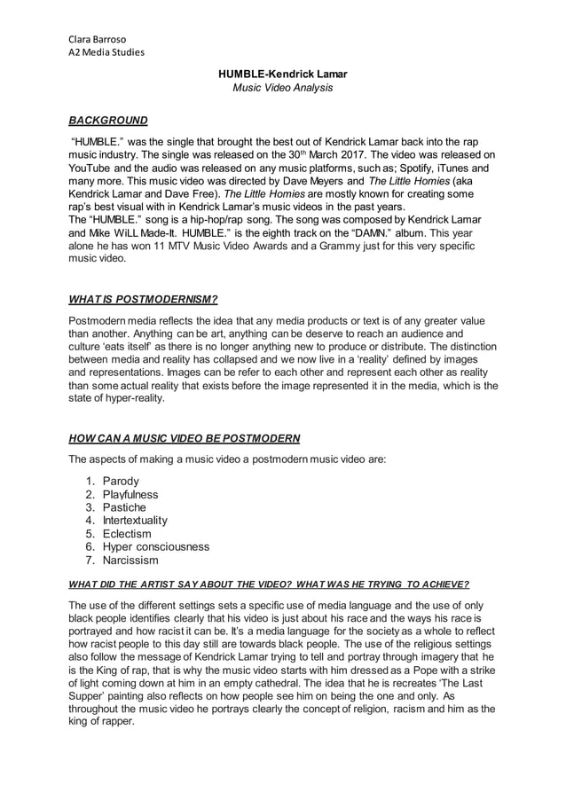 HUMBLE Kendrick Lamar (music video analysis) PDF