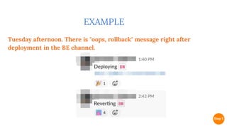 Tuesday afternoon. There is "oops, rollback" message right after
deployment in the BE channel.
EXAMPLE
 