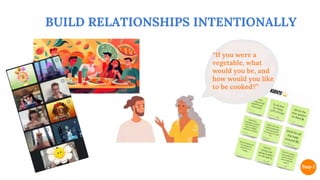 BUILD RELATIONSHIPS INTENTIONALLY
“If you were a
vegetable, what
would you be, and
how would you like
to be cooked?”
🌝
 