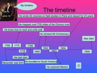 The timeline My timeline 1769 Alexander was born 1775 He knew how to read and write well 1778 His dad died 1799 He mapped over1700 miles of the Orinoco river 1800 He travelled to South America 1802 He climbed Mt Chimborazo  1803 He explored Mexico 1804 He wrote 30 volumes on field studies in Paris and stayed for 23 years Alex died 1859 