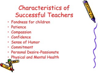 Characteristics of
Successful Teachers
•
•
•
•
•
•
•
•

Fondness for children
Patience
Compassion
Confidence
Sense of Humor
Commitment
Personal Desire-Passionate
Physical and Mental Health

 