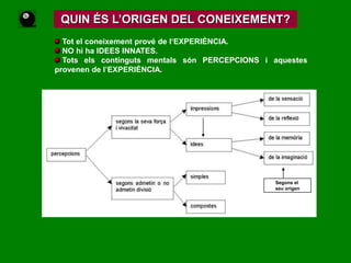 Amb el triomf del partit liberal Hume va ser anomenat secretari pels afers d'Escòcia i va passar els últims anys de la seva vida a Edimburg.D. HUME: CARACTERÍSTIQUES GENERALS I INFLUÈNCIES La seva pretensió és transformar les ciències a partir de la investigació de les operacions que realitza l'enteniment quan coneix. Aquest objectiu prové del problema filosòfic predominant de l'època: trobar els fonaments sobre els quals poder establir el coneixement científic.Crítica el racionalisme i segueix les idees de l'empirismeantic: R. Bacon, G. Occam. També té present el problema de la inducció de F. Bacon i el materialisme de T.Hobbes. La seva influència més propera és la de l'empirisme de J.Locke i G.Berkeley; i el mètode experimental de I.Newton. L'experiència és el límit del coneixement humà. Critica la pretensió científica de la metafísica. Proposa una nova filosofia basada en la naturalesa humana. 