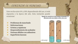 CONTENIDO DE HUMEDAD
15
Este oscila entre 6% y 18% dependiendo del uso, si está
expuesta y la época del año. Esta variación puede
ocasionar:
❖ Problemas de manchado
❖ Deformaciones
❖ Grietas y rajaduras
❖ Desprendimiento de acabados
❖ Uniones débiles con adhesivos
❖ Superficies lanosas
 