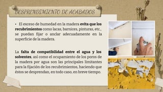 DESPRENDIMIENTO DE ACABADOS
19
• El exceso de humedad en la madera evita que los
recubrimientos como lacas, barnices, pinturas, etc.,
se puedan fijar o anclar adecuadamente en la
superficie de la madera.
La falta de compatibilidad entre el agua y los
solventes, así como el ocupamiento de los poros de
la madera por agua son las principales limitantes
para la fijación de los recubrimientos, haciendo que
éstos se desprendan, en todo caso, en breve tiempo.
 