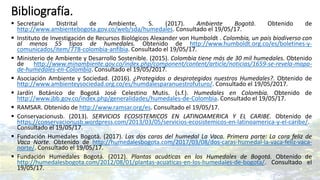 Bibliografía.
 Secretaría Distrital de Ambiente, S. (2017). Ambiente Bogotá. Obtenido de
http://www.ambientebogota.gov.co/web/sda/humedales. Consultado el 19/05/17.
 Instituto de Investigación de Recursos Biológicos Alexander von Humboldt . Colombia, un país biodiverso con
al menos 55 tipos de humedales. Obtenido de http://www.humboldt.org.co/es/boletines-y-
comunicados/item/778-colombia-anfibia. Consultado el 19/05/17.
 Ministerio de Ambiente y Desarrollo Sostenible. (2015). Colombia tiene más de 30 mil humedales. Obtenido
de http://www.minambiente.gov.co/index.php/component/content/article/noticias/1659-se-revela-mapa-
de-humedales-en-Colombia. Consultado el 19/05/2017.
 Asociación Ambiente y Sociedad. (2016). ¿Protegidos o desprotegidos nuestros Humedales?. Obtenido de
http://www.ambienteysociedad.org.co/es/humdalesparanuestrofuturo/. Consultado el 19/05/2017.
 Jardín Botánico de Bogotá José Celestino Mutis. (s.f.). Humedales en Colombia. Obtenido de
http://www.jbb.gov.co/index.php/generalidades/humedales-de-Colombia. Consultado el 19/05/17.
 RAMSAR. Obtenido de http://www.ramsar.org/es. Consultado el 19/05/17.
 Conservacionusb. (2013). SERVICIOS ECOSISTEMICOS EN LATINOAMERICA Y EL CARIBE. Obtenido de
https://conservacionusb.wordpress.com/2013/03/05/servicios-ecosistemicos-en-latinoamerica-y-el-caribe/.
Consultado el 19/05/17.
 Fundación Humedales Bogotá. (2017). Las dos caras del humedal La Vaca. Primera parte: La cara feliz de
Vaca Norte. Obtenido de http://humedalesbogota.com/2017/03/08/dos-caras-humedal-la-vaca-feliz-vaca-
norte/. Consultado el 19/05/17.
 Fundación Humedales Bogotá. (2012). Plantas acuáticas en los Humedales de Bogotá. Obtenido de
http://humedalesbogota.com/2012/08/01/plantas-acuaticas-en-los-humedales-de-bogota/. Consultado el
19/05/17.
 
