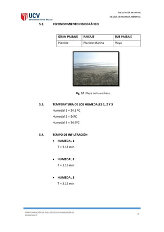 FACULTAD DE INGENIERIA
ESCUELA DE INGENIERIA AMBIENTAL
CONTAMINACIÓN DE SUELOS DE LOS HUMEDALES DE
HUANCHACO
18
5.2. RECONOCIMIENTO FISIOGRÁFICO
5.3. TEMPERATURA DE LOS HUMEDALES 1, 2 Y 3
Humedal 1 = 24.1 ºC
Humedal 2 = 24ºC
Humedal 3 = 24.6ºC
5.4. TEMPO DE INFILTRACIÓN
 HUMEDAL 1
T = 3.18 min
 HUMEDAL 2
T = 3.16 min
 HUMEDAL 3
T = 3.15 min
GRAN PAISAJE PAISAJE SUB PAISAJE
Planicie Planicie Marina Playa
Fig. 10. Playa de huanchaco.
 