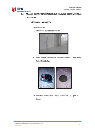 FACULTAD DE INGENIERIA
ESCUELA DE INGENIERIA AMBIENTAL
CONTAMINACIÓN DE SUELOS DE LOS HUMEDALES DE
HUANCHACO
24
5.7. ANÁLISIS DE LAS PROPIEDADES FÍSICAS DEL SUELO DE LAS MUESTRAS
DE LA VISITA 1
MÉTODO DE LA PROBETA
Procedimiento:
1. Identificar la probeta a utilizar.
2. Pesar 50g de suelo de una profundidad de 0 - 10 cm de los
humedales 1,2 y 3.
3. Llevar las muestras de suelo a la estufa a 105°C por 24
horas.
 