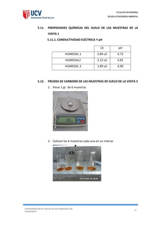 FACULTAD DE INGENIERIA
ESCUELA DE INGENIERIA AMBIENTAL
CONTAMINACIÓN DE SUELOS DE LOS HUMEDALES DE
HUANCHACO
33
5.11. PROPIEDADES QUÍMICAS DEL SUELO DE LAS MUESTRAS DE LA
VISITA 1
5.11.1. CONDUCTIVIDAD ELÉCTRICA Y pH
5.12. PRUEBA DE CARBONO DE LAS MUESTRAS DE SUELO DE LA VISITA 2
1. Pesar 1 gr. de 6 muestras
2. Colocar las 6 muestras cada una en un matraz
CE pH
HUMEDAL 1 2.84 uS 6.72
HUMEDAL2 2.12 uS 6.81
HUMEDAL 3 1.89 uS 6.90
 