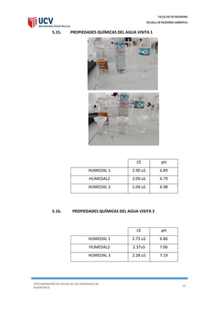 FACULTAD DE INGENIERIA
ESCUELA DE INGENIERIA AMBIENTAL
CONTAMINACIÓN DE SUELOS DE LOS HUMEDALES DE
HUANCHACO
38
5.15. PROPIEDADES QUÍMICAS DEL AGUA VISITA 1
5.16. PROPIEDADES QUÍMICAS DEL AGUA VISITA 2
CE pH
HUMEDAL 1 2.90 uS 6.89
HUMEDAL2 2.09 uS 6.79
HUMEDAL 3 1.04 uS 6.98
CE pH
HUMEDAL 1 2.73 uS 6.86
HUMEDAL2 2.37uS 7.06
HUMEDAL 3 2.28 uS 7.19
 