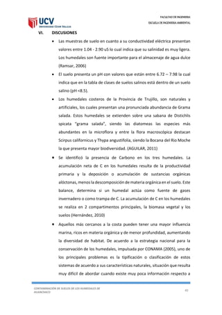 FACULTAD DE INGENIERIA
ESCUELA DE INGENIERIA AMBIENTAL
CONTAMINACIÓN DE SUELOS DE LOS HUMEDALES DE
HUANCHACO
40
VI. DISCUSIONES
 Las muestras de suelo en cuanto a su conductividad eléctrica presentan
valores entre 1.04 - 2.90 uS lo cual indica que su salinidad es muy ligera.
Los humedales son fuente importante para el almacenaje de agua dulce
(Ramsar, 2006)
 El suelo presenta un pH con valores que están entre 6.72 – 7.98 la cual
indica que en la tabla de clases de suelos salinos está dentro de un suelo
salino (pH <8.5).
 Los humedales costeros de la Provincia de Trujillo, son naturales y
artificiales, los cuales presentan una pronunciada abundancia de Grama
salada. Estos humedales se extienden sobre una sabana de Distichlis
spicata “grama salada”, siendo las diatomeas las especies más
abundantes en la microflora y entre la flora macroscópica destacan
Scirpus californicus y Thypa angustifolia, siendo la Bocana del Rio Moche
la que presenta mayor biodiversidad. (AGUILAR, 2011)
 Se identificó la presencia de Carbono en los tres humedales. La
acumulación neta de C en los humedales resulta de la productividad
primaria y la deposición o acumulación de sustancias orgánicas
alóctonas, menos la descomposición de materia orgánica en el suelo. Este
balance, determina si un humedal actúa como fuente de gases
invernadero o como trampa de C. La acumulación de C en los humedales
se realiza en 2 compartimentos principales, la biomasa vegetal y los
suelos (Hernández, 2010)
 Aquellos más cercanos a la costa pueden tener una mayor influencia
marina, ricos en materia orgánica y de menor profundidad, aumentando
la diversidad de habitat. De acuerdo a la estrategia nacional para la
conservación de los humedales, impulsada por CONAMA (2005), uno de
los principales problemas es la tipificación o clasificación de estos
sistemas de acuerdo a sus características naturales, situación que resulta
muy difícil de abordar cuando existe muy poca información respecto a
 