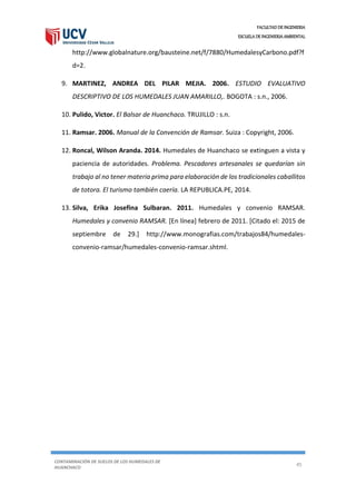 FACULTAD DE INGENIERIA
ESCUELA DE INGENIERIA AMBIENTAL
CONTAMINACIÓN DE SUELOS DE LOS HUMEDALES DE
HUANCHACO
45
http://www.globalnature.org/bausteine.net/f/7880/HumedalesyCarbono.pdf?f
d=2.
9. MARTINEZ, ANDREA DEL PILAR MEJIA. 2006. ESTUDIO EVALUATIVO
DESCRIPTIVO DE LOS HUMEDALES JUAN AMARILLO,. BOGOTA : s.n., 2006.
10. Pulido, Victor. El Balsar de Huanchaco. TRUJILLO : s.n.
11. Ramsar. 2006. Manual de la Convención de Ramsar. Suiza : Copyright, 2006.
12. Roncal, Wilson Aranda. 2014. Humedales de Huanchaco se extinguen a vista y
paciencia de autoridades. Problema. Pescadores artesanales se quedarían sin
trabajo al no tener materia prima para elaboración de los tradicionales caballitos
de totora. El turismo también caería. LA REPUBLICA.PE, 2014.
13. Silva, Erika Josefina Sulbaran. 2011. Humedales y convenio RAMSAR.
Humedales y convenio RAMSAR. [En línea] febrero de 2011. [Citado el: 2015 de
septiembre de 29.] http://www.monografias.com/trabajos84/humedales-
convenio-ramsar/humedales-convenio-ramsar.shtml.
 