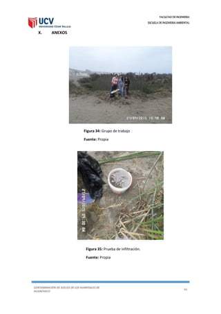 FACULTAD DE INGENIERIA
ESCUELA DE INGENIERIA AMBIENTAL
CONTAMINACIÓN DE SUELOS DE LOS HUMEDALES DE
HUANCHACO
46
X. ANEXOS
Figura 34: Grupo de trabajo
Fuente: Propia
Figura 35: Prueba de infiltración.
Fuente: Propia
 