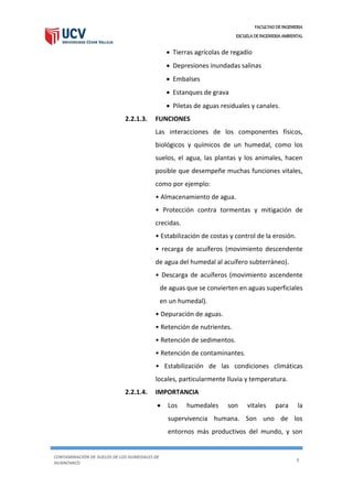 FACULTAD DE INGENIERIA
ESCUELA DE INGENIERIA AMBIENTAL
CONTAMINACIÓN DE SUELOS DE LOS HUMEDALES DE
HUANCHACO
8
 Tierras agrícolas de regadío
 Depresiones inundadas salinas
 Embalses
 Estanques de grava
 Piletas de aguas residuales y canales.
2.2.1.3. FUNCIONES
Las interacciones de los componentes físicos,
biológicos y químicos de un humedal, como los
suelos, el agua, las plantas y los animales, hacen
posible que desempeñe muchas funciones vitales,
como por ejemplo:
• Almacenamiento de agua.
• Protección contra tormentas y mitigación de
crecidas.
• Estabilización de costas y control de la erosión.
• recarga de acuíferos (movimiento descendente
de agua del humedal al acuífero subterráneo).
• Descarga de acuíferos (movimiento ascendente
de aguas que se convierten en aguas superficiales
en un humedal).
• Depuración de aguas.
• Retención de nutrientes.
• Retención de sedimentos.
• Retención de contaminantes.
• Estabilización de las condiciones climáticas
locales, particularmente lluvia y temperatura.
2.2.1.4. IMPORTANCIA
 Los humedales son vitales para la
supervivencia humana. Son uno de los
entornos más productivos del mundo, y son
 