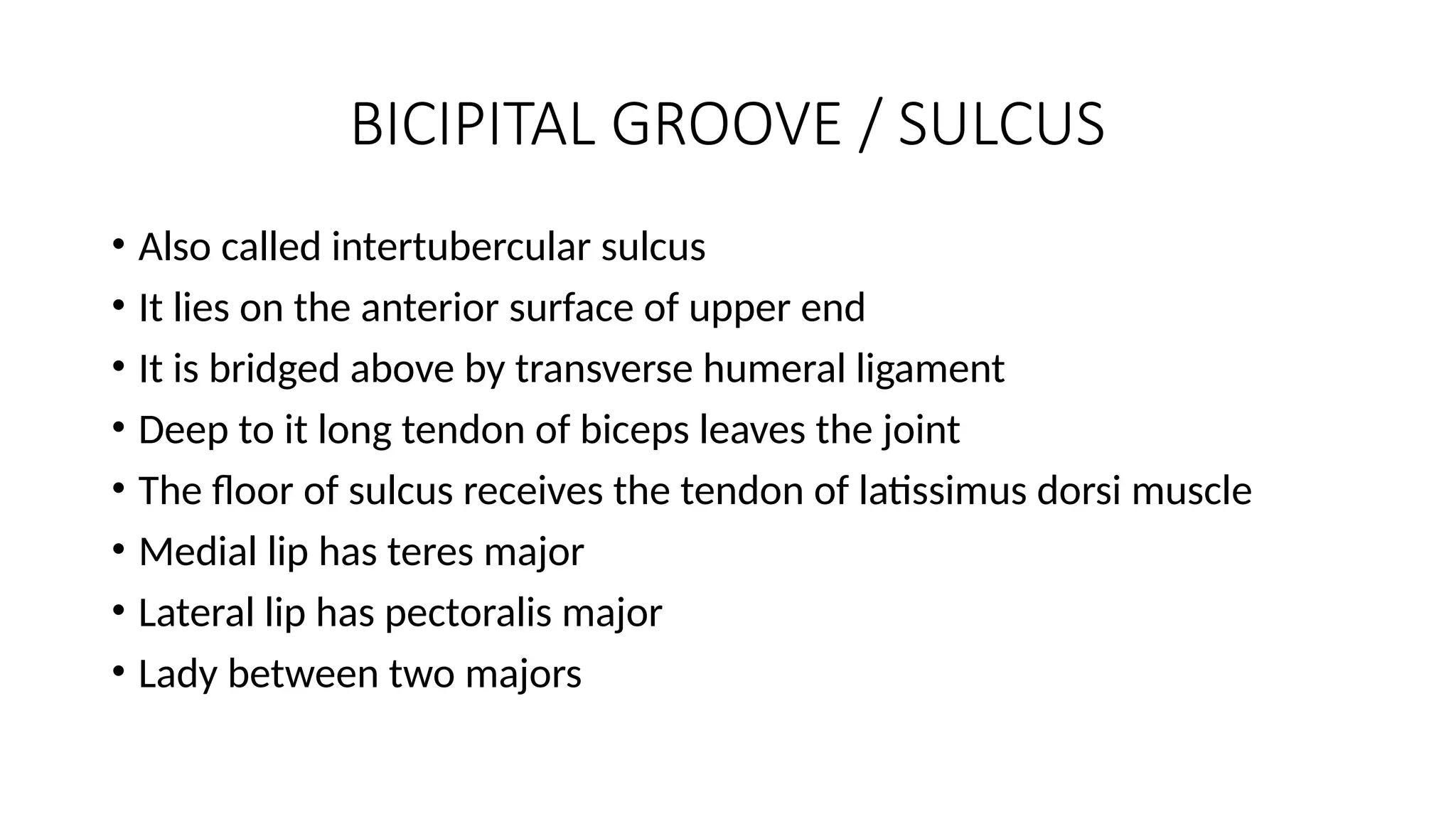 BICIPITAL GROOVE / SULCUS
• Also called intertubercular sulcus
• It lies on the anterior surface of upper end
• It is bridged above by transverse humeral ligament
• Deep to it long tendon of biceps leaves the joint
• The floor of sulcus receives the tendon of latissimus dorsi muscle
• Medial lip has teres major
• Lateral lip has pectoralis major
• Lady between two majors
 