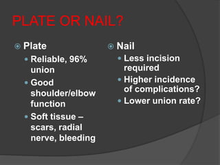 PLATE OR NAIL?
 Plate
 Reliable, 96%
union
 Good
shoulder/elbow
function
 Soft tissue –
scars, radial
nerve, bleeding
 Nail
 Less incision
required
 Higher incidence
of complications?
 Lower union rate?
 